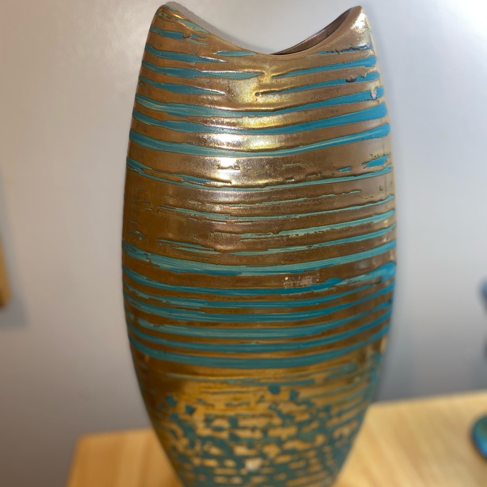 VTG Gold and Teal Decorative 1980’s Vase. 12” tall